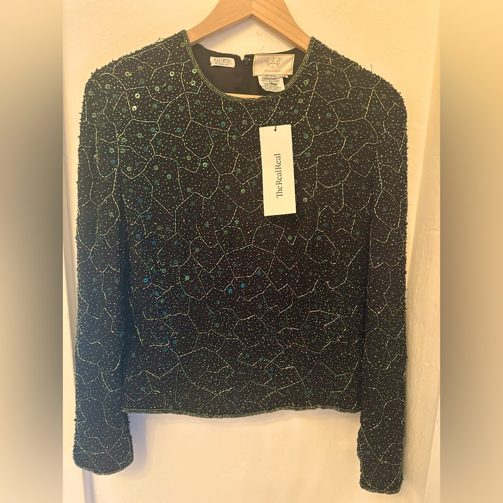 VIE by Victoria Royal Silk Top Beaded Sequin Evening Party Green Black: S: 12